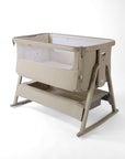 CoZee Air 2 bedside crib in cocoa with mesh sides, storage, 6 height positions, rocking bars, in a white background