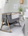 CoZee Air Bedside Crib in Oak and Charcoal with breathable mesh sides and drop-down panel