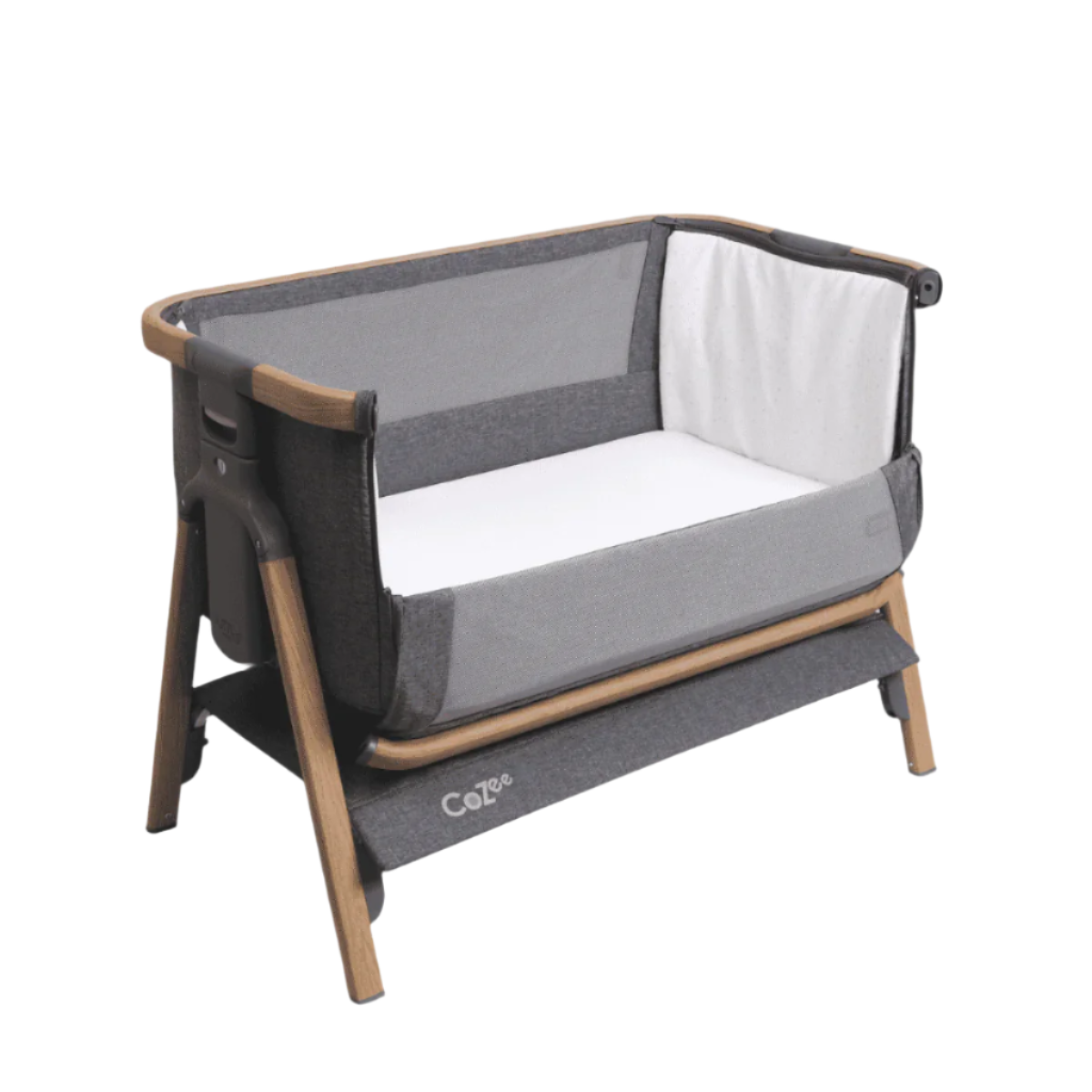 CoZee Air Bedside Crib Charcoal and Oak > zip-down side panel for easy access during bedside co-sleeping
