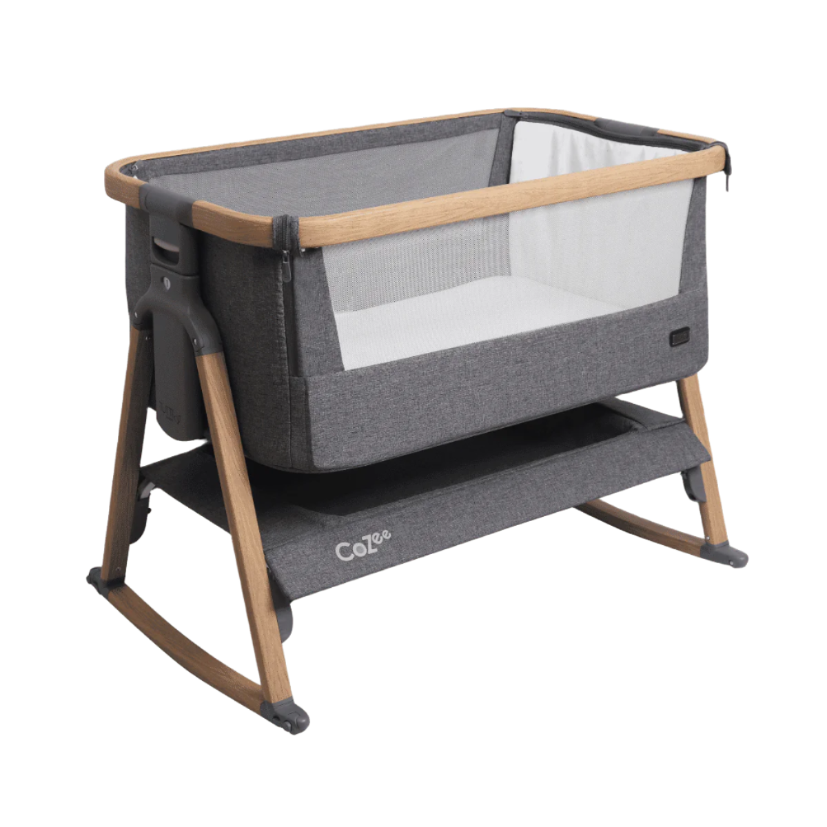 CoZee Air Bedside Crib in Oak and Charcoal with breathable mesh sides, drop-side panel, rocking bars, and lockable castors – product cutout on white background