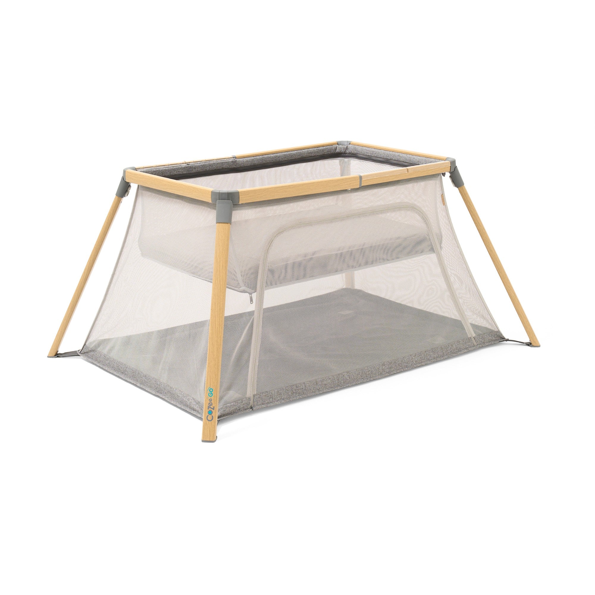 CoZee Go 3-in-1 Bassinet Travel Cot Playpen in Oak and Charcoal – Raised bassinet mode for newborn comfort and easy access