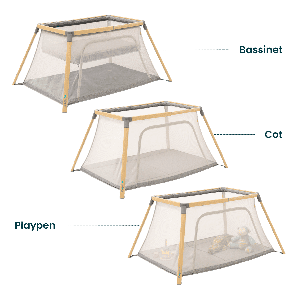 CoZee Go 3-in-1 Travel Cot - multifunctional design with bassinet, cot, and playpen modes for versatile use