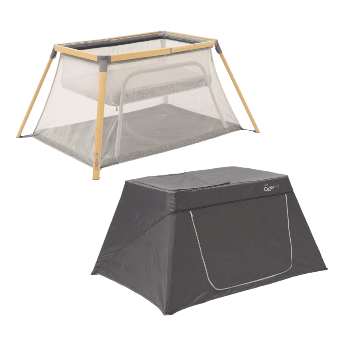 CoZee Go Day and Night Bundle > multifunctional travel cot with breathable mesh sides and blackout cover for day and night use