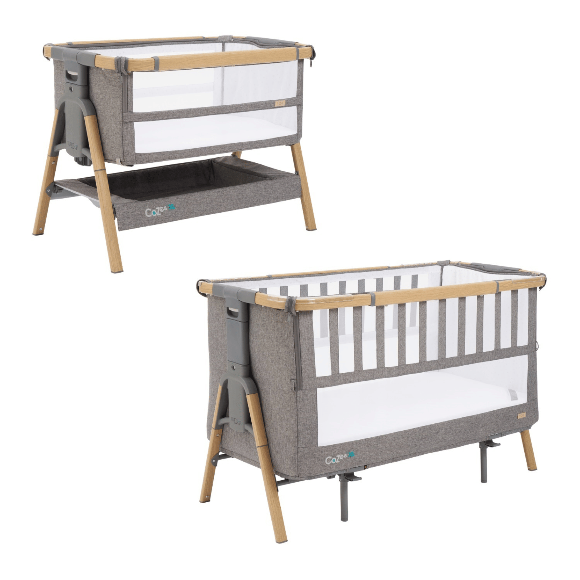 CoZee XL Crib and Bassinet in Oak and Charcoal, showing dual-stage use from birth onwards