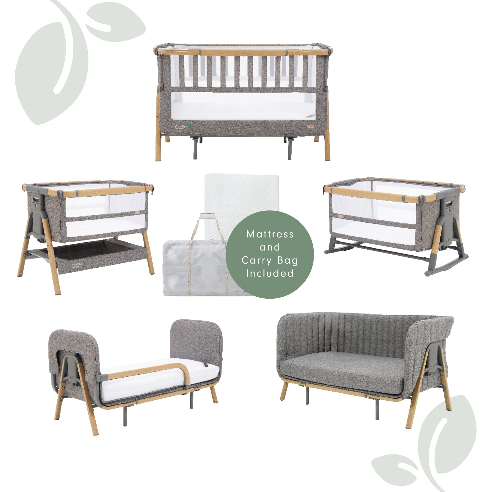 Full CoZee XL bundle in oak and charcoal complete with crib, cot, bassinet, junior bed, sofa, mattress, and carry bag included