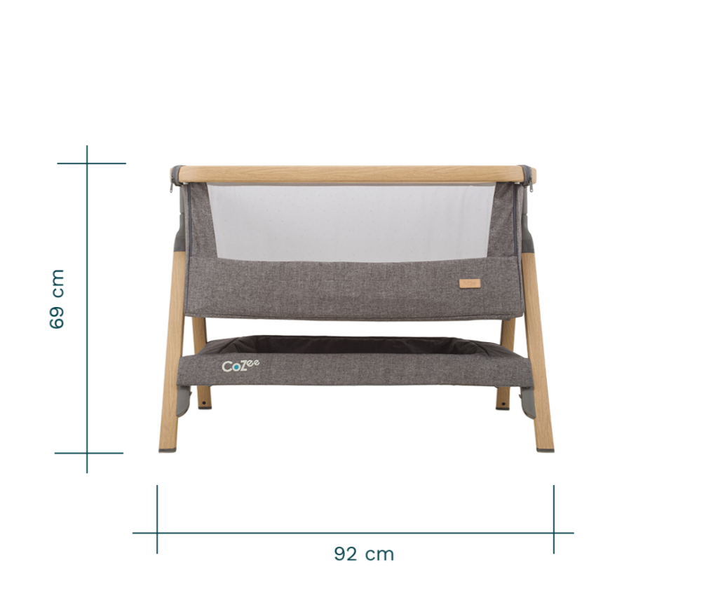 CoZee Bedside Crib in Oak and Charcoal Dimensions Front View