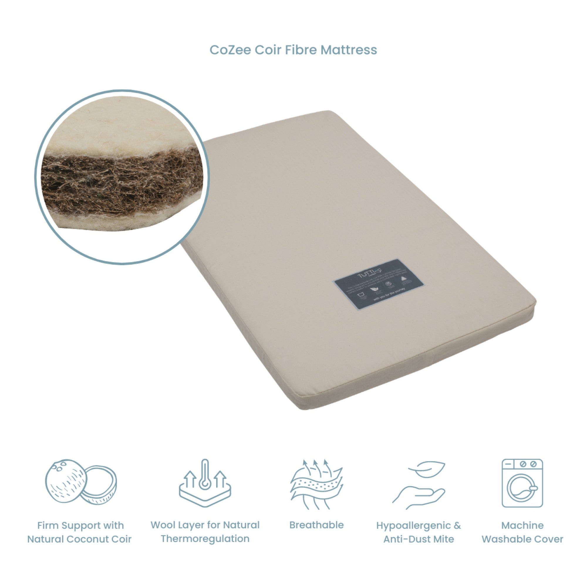 CoZee Coir Fibre Mattress with wool layer – hypoallergenic design for enhanced airflow and thermoregulation