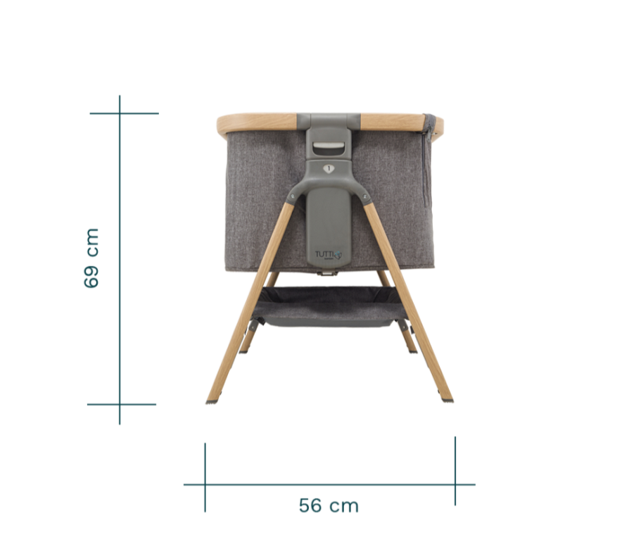 CoZee Bedside Crib in Oak and Charcoal Dimensions Side View