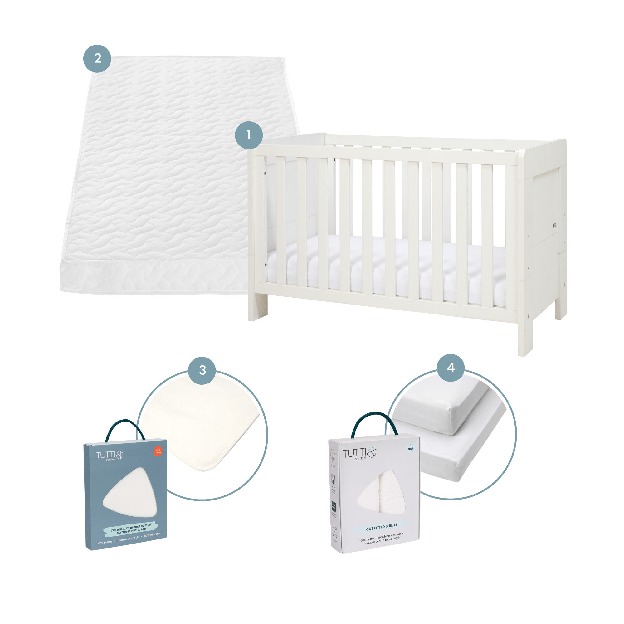 Essentials Alba Mini Cot Bed Mattress Bedding Bundle > inclusive of mini cot bed, pocket sprung cot mattress, waterproof mattress protector and cot fitted sheets