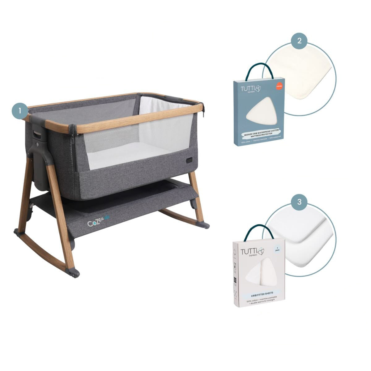 CoZee Air Bedside Crib Charcoal and Oak Bedding Bundle > complete sleep solution with mattress protector and fitted sheets