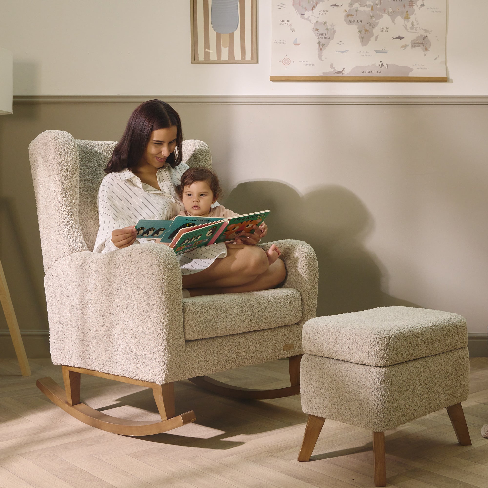 Mother reading with child on the Harper Wingback rocking chair in teddy mushroom, showing shared moments and ergonomic curved armrests.