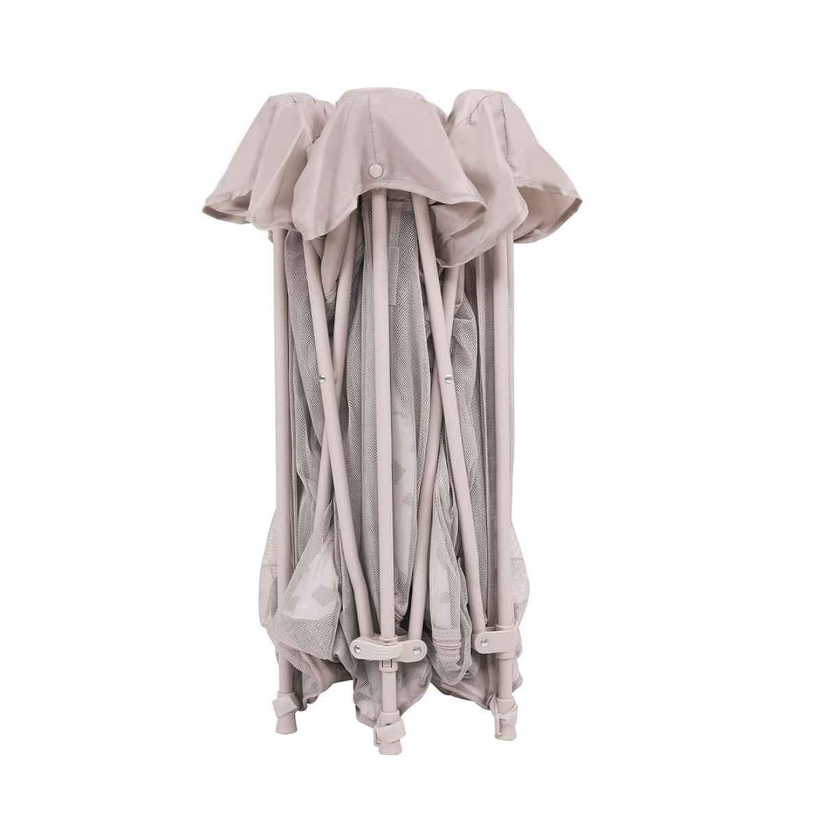 Collapsed Hexa Playpen in Mushroom Terrazzo, illustrating compact folded design with slim frame and tidy storage-friendly structure