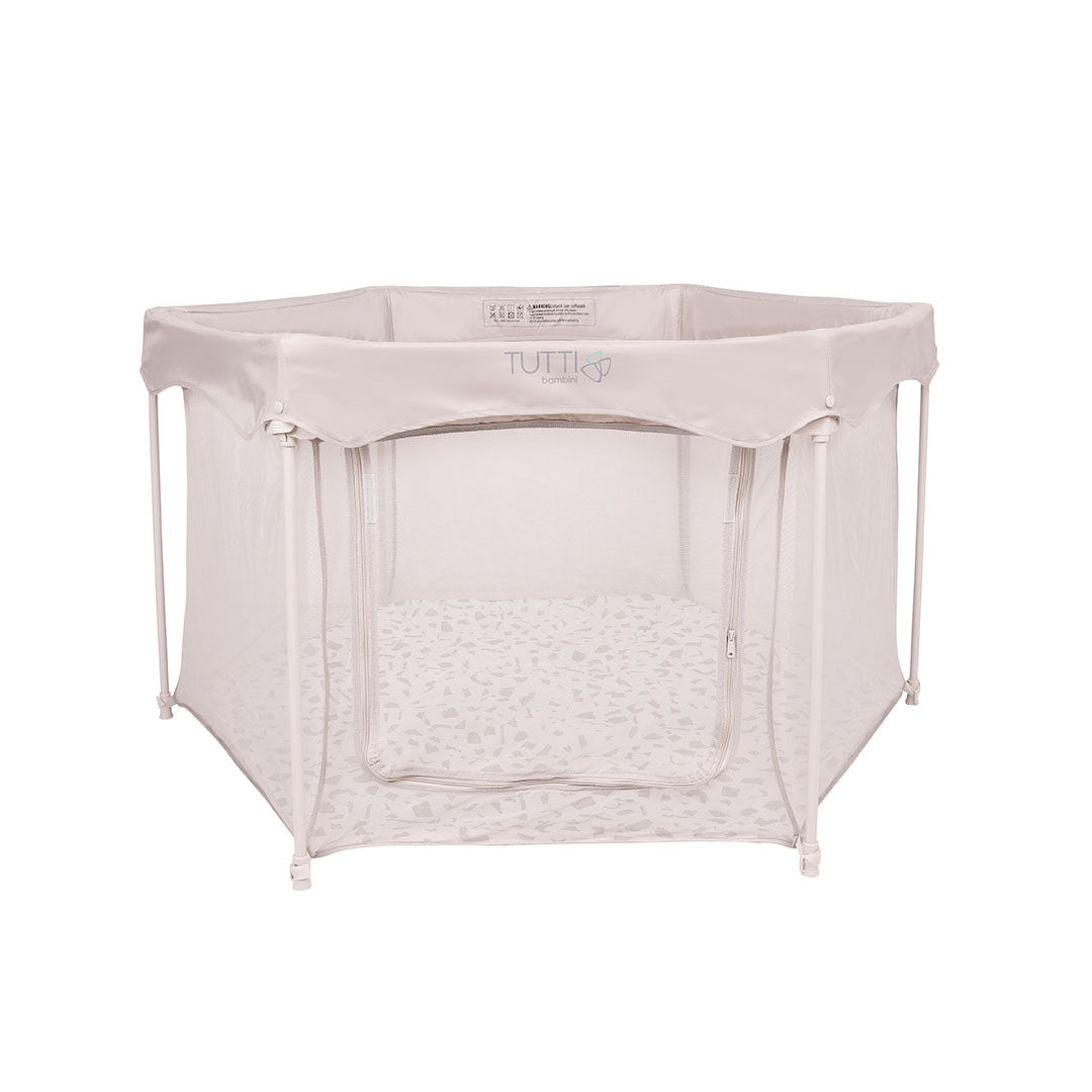Front-facing cutout of the Hexa Playpen in Mushroom Terrazzo, featuring zippered mesh entrance and breathable mesh panel sides