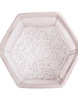 Overhead view of the Hexa Playpen in Mushroom Terrazzo, showing soft padded base with playful terrazzo pattern and mesh sides