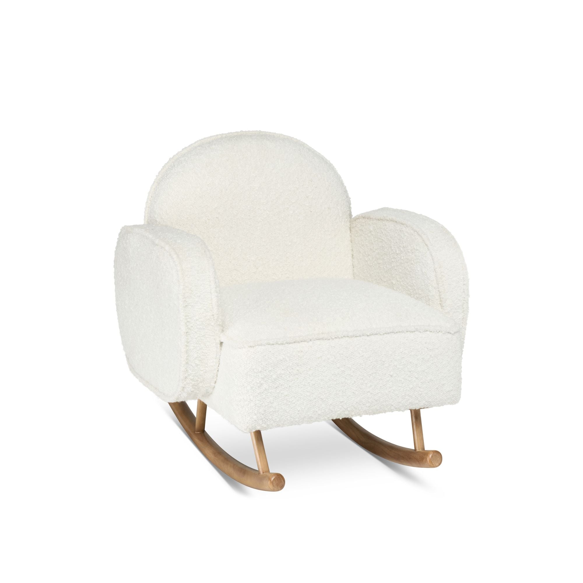 Angled view of the Micah Mini Me Rocking Chair in Fresh Cream showcasing rounded cushioned armrests and supportive design for comfort.