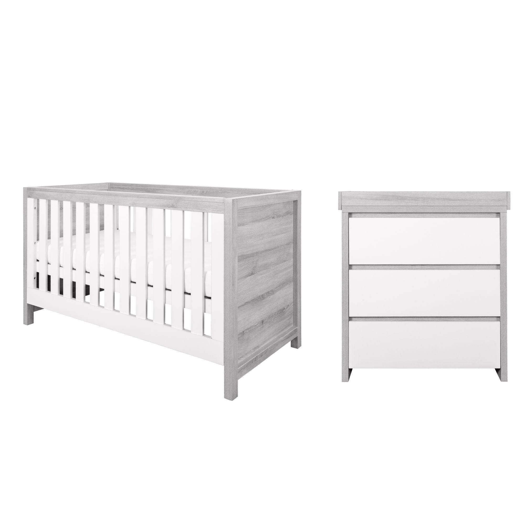 Modena two-piece nursery set in grey ash and white, featuring a cot bed and changing unit with clean lines, offering a modern and functional storage and sleeping solution for babies and toddlers.