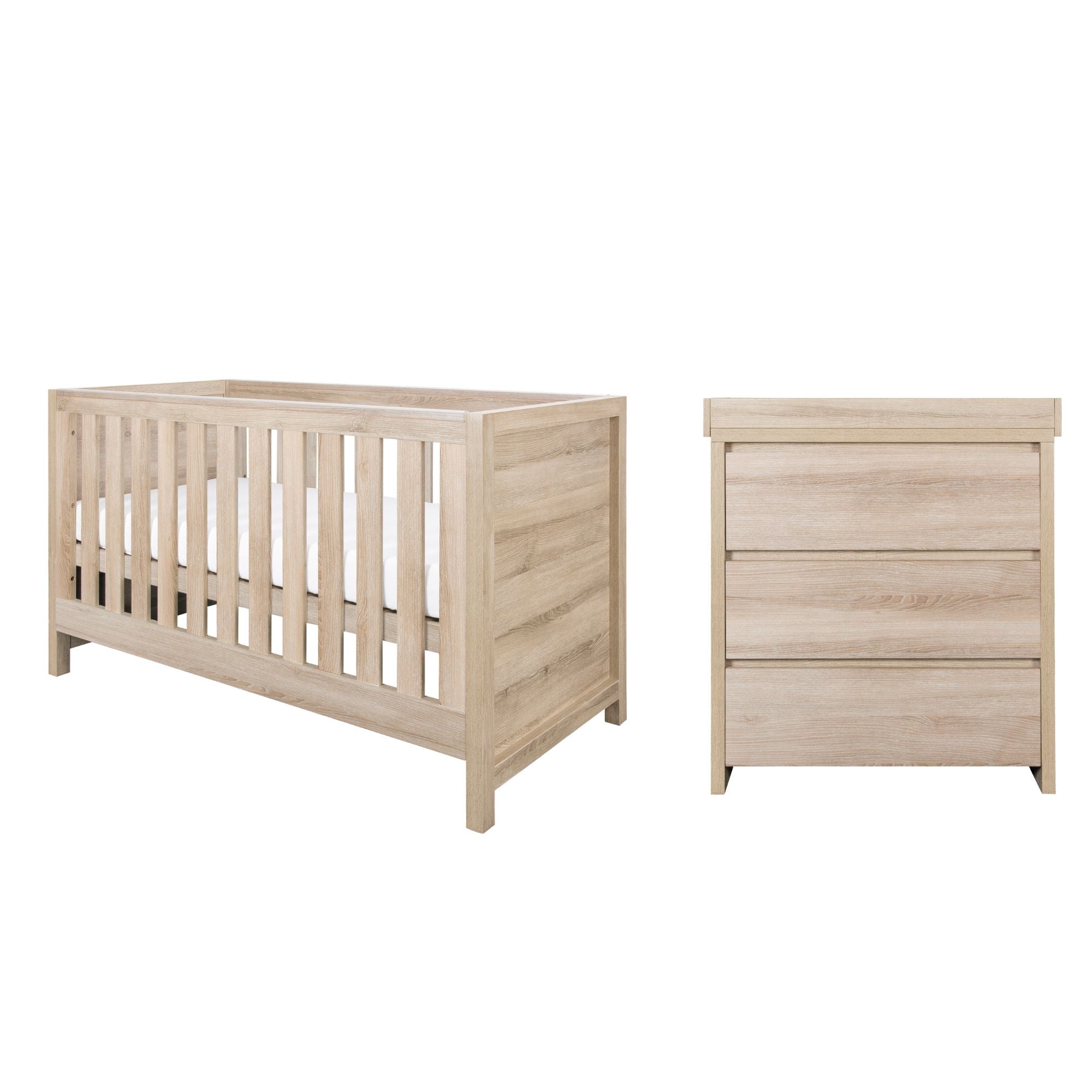 Modena 2-Piece Nursery Set in Oak featuring cot bed and matching changing unit displayed on white background, offering coordinated, functional furniture for baby’s room.