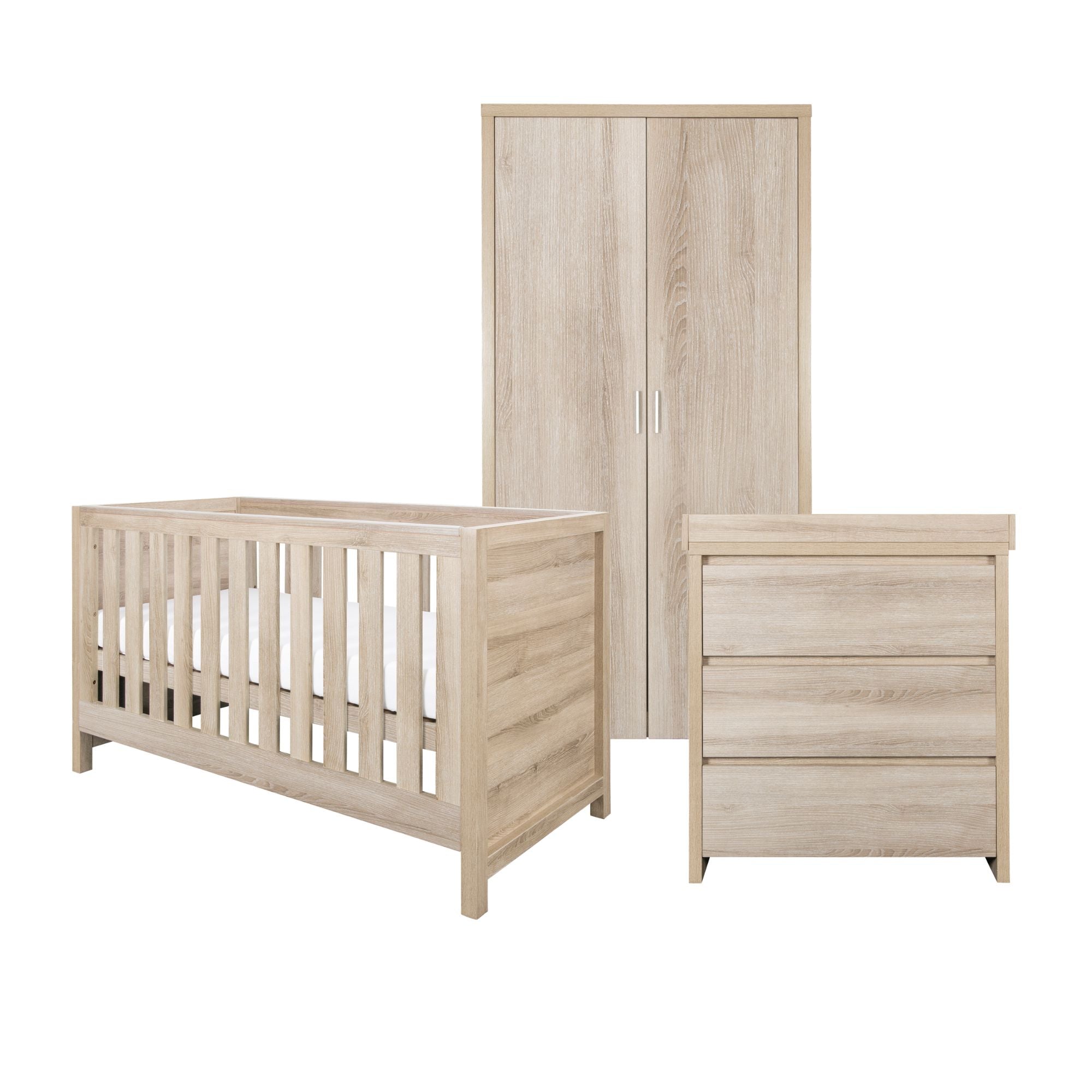Modena 3-piece nursery furniture set in oak, featuring a cot bed, changing unit, and wardrobe, combining natural wood tones and minimalist white panels for a timeless, modern nursery look.