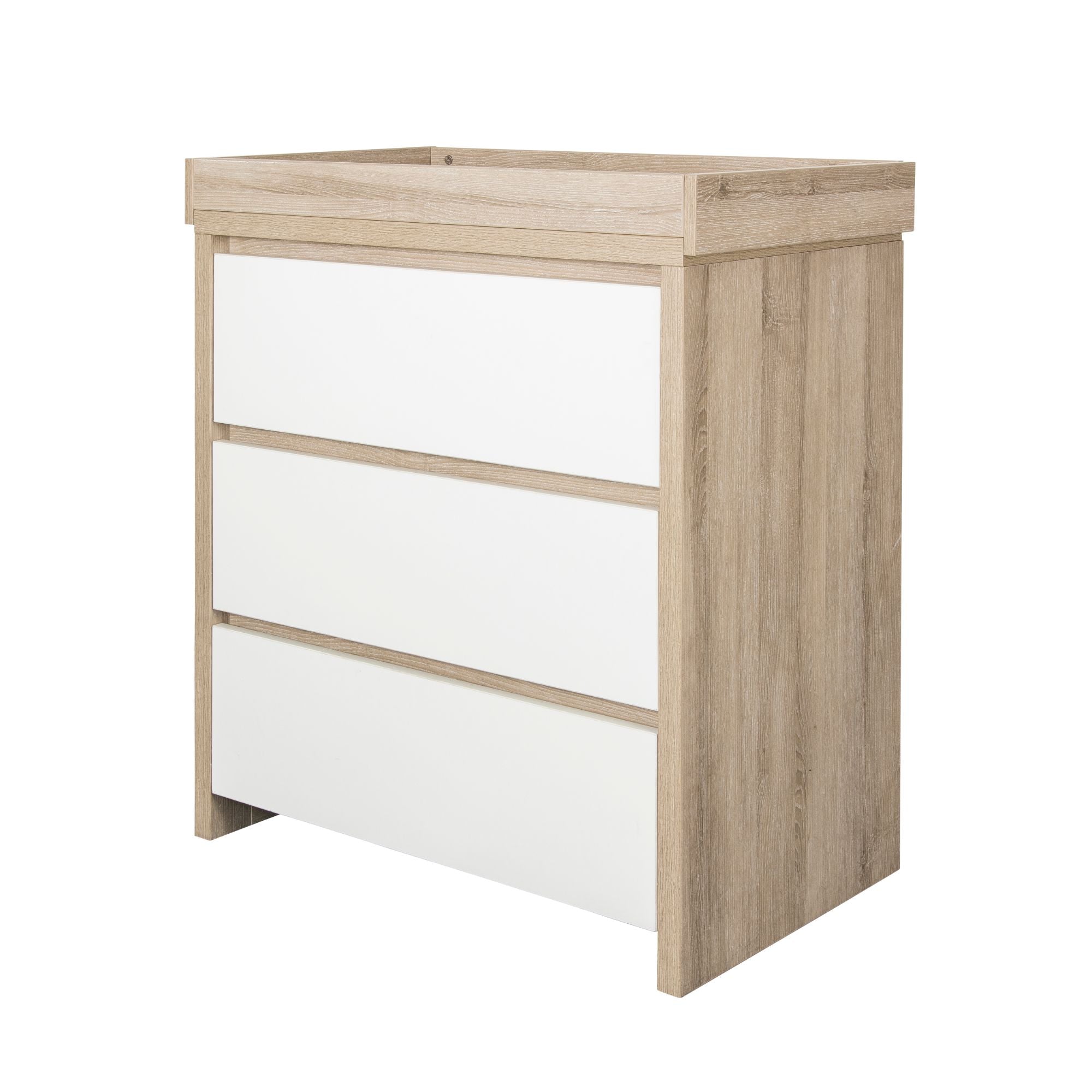 Modena Changing Unit White and Oak viewed from an angle, highlighting the modern design and sturdy build ideal for a child's room.
