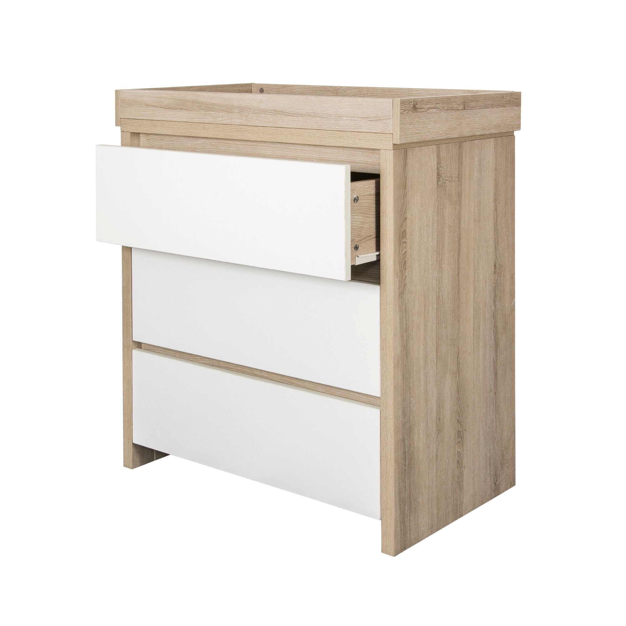 Modena Changing Unit Grey Ash and White showing open top drawer, demonstrating smooth sliding drawer mechanism and practical storage for nursery essentials.