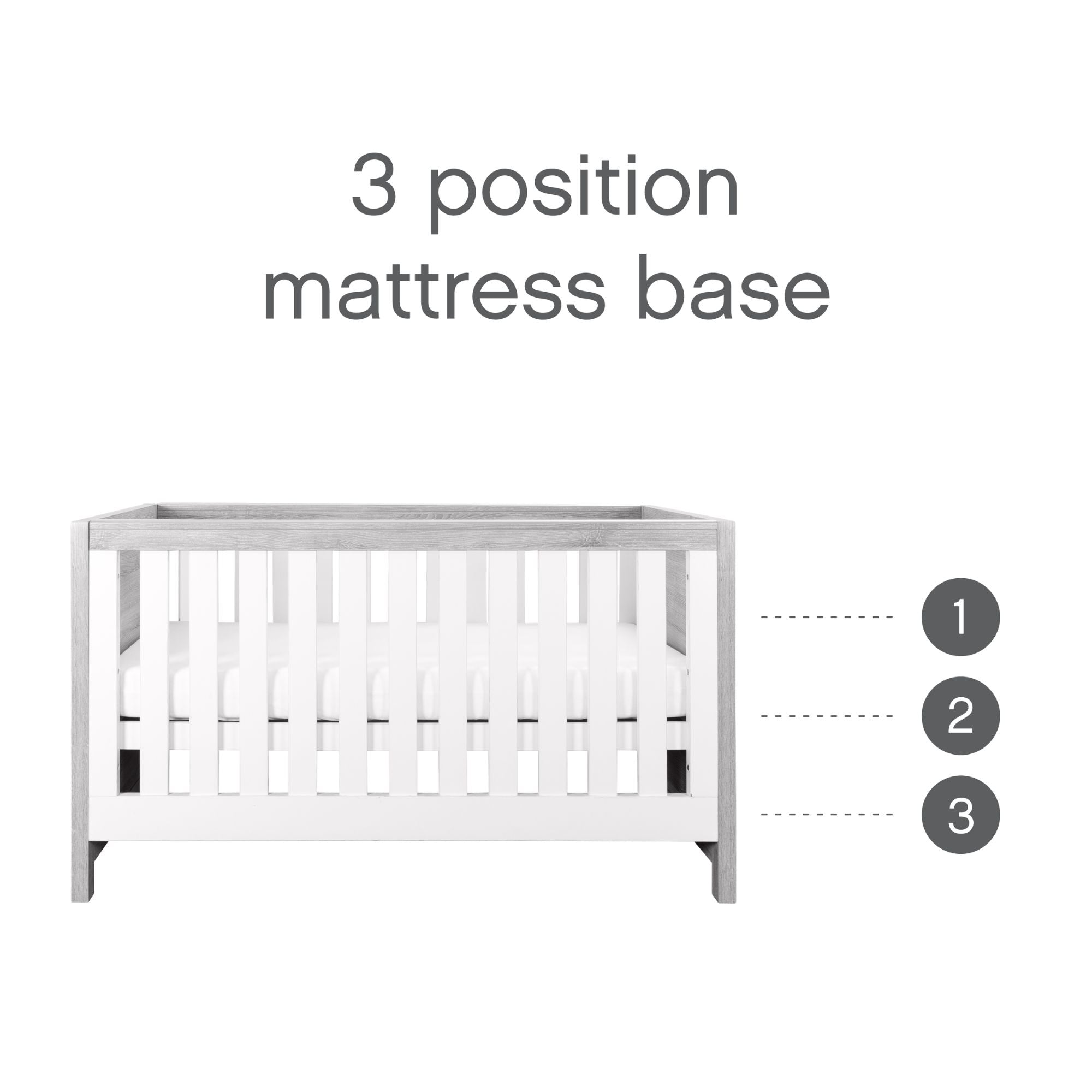 Front-facing view of the Modena Cot Bed in Grey Ash and White with graphics showing the adjustable 3-position mattress base for growing babies
