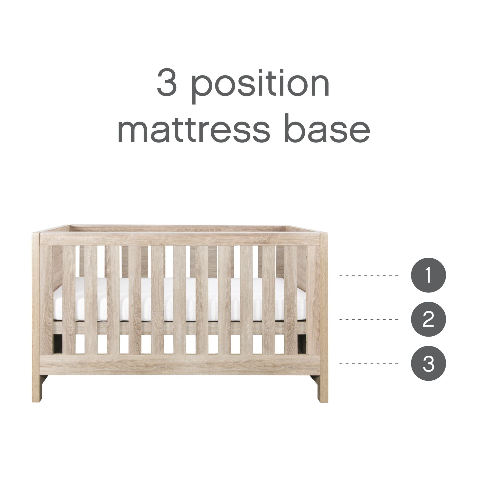 Modena Cot Bed in Oak showing adjustable mattress base with 3 height positions for added convenience and safety as baby grows