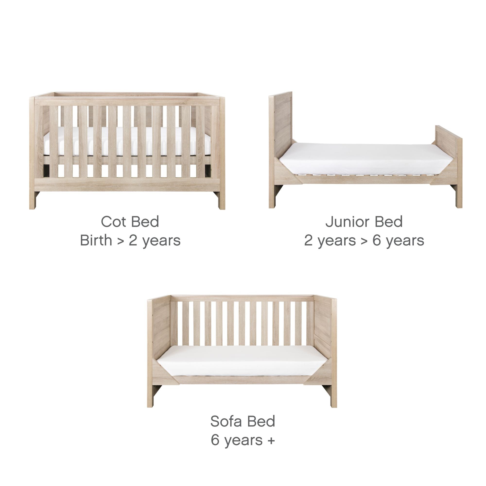 Modena Cot Bed in Oak demonstrating its 3 conversion modes β cot bed for babies, toddler bed for young children, and sofa bed for longevity