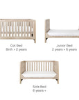 Modena Cot Bed in Oak demonstrating its 3 conversion modes – cot bed for babies, toddler bed for young children, and sofa bed for longevity