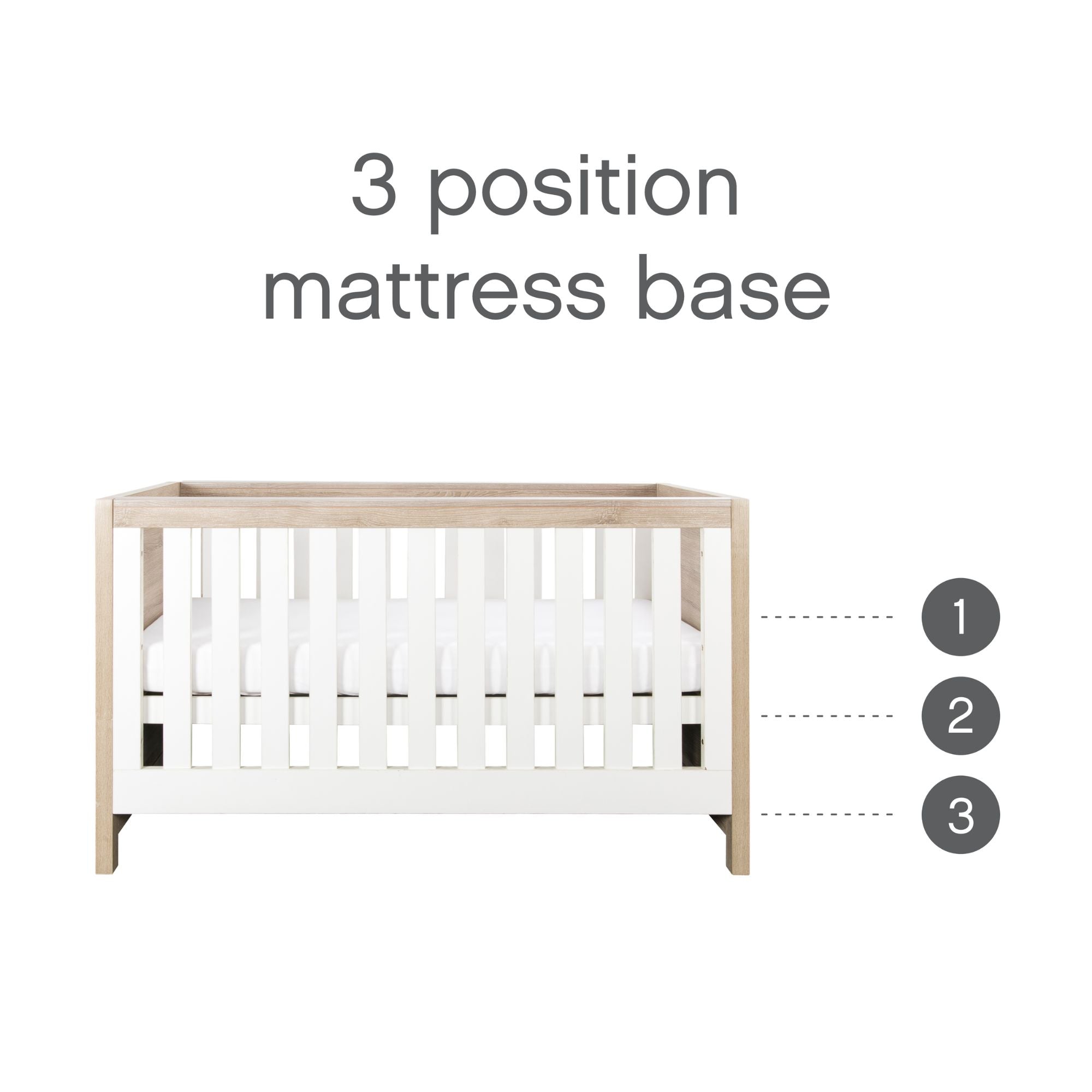 Front-facing view of the Modena Cot Bed in White and Oak with graphics showing the adjustable 3-position mattress base to support baby’s growth stages.