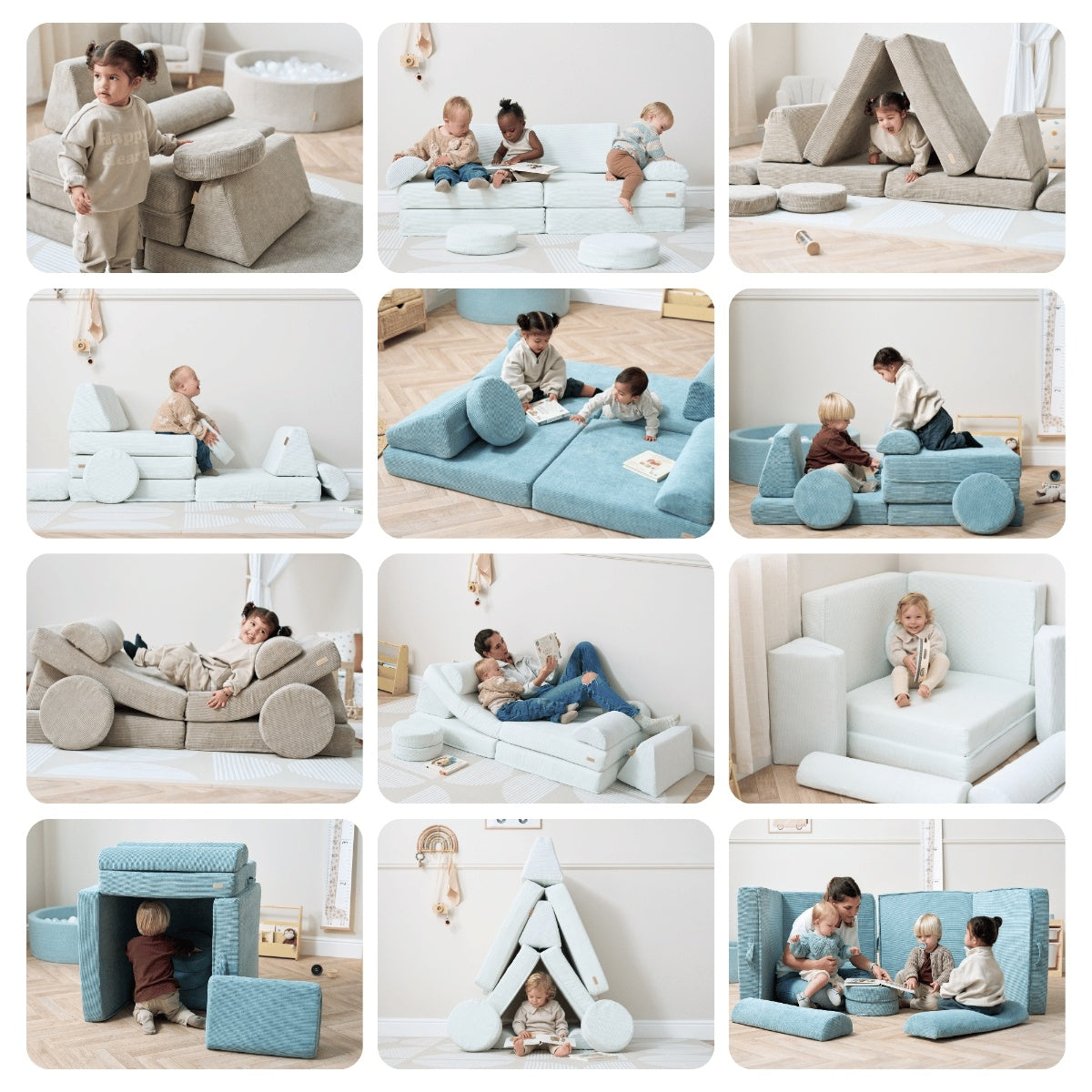 Lifestyle collage showing children using the Playrama Montessori kids play sofa in sea mist and grey, reconfigured into sofas, cars, forts, and play dens