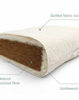 Close-up of natural coir fibre mattress layers with quilted fabric cover, breathable lambswool padding and supportive coconut fibre core.