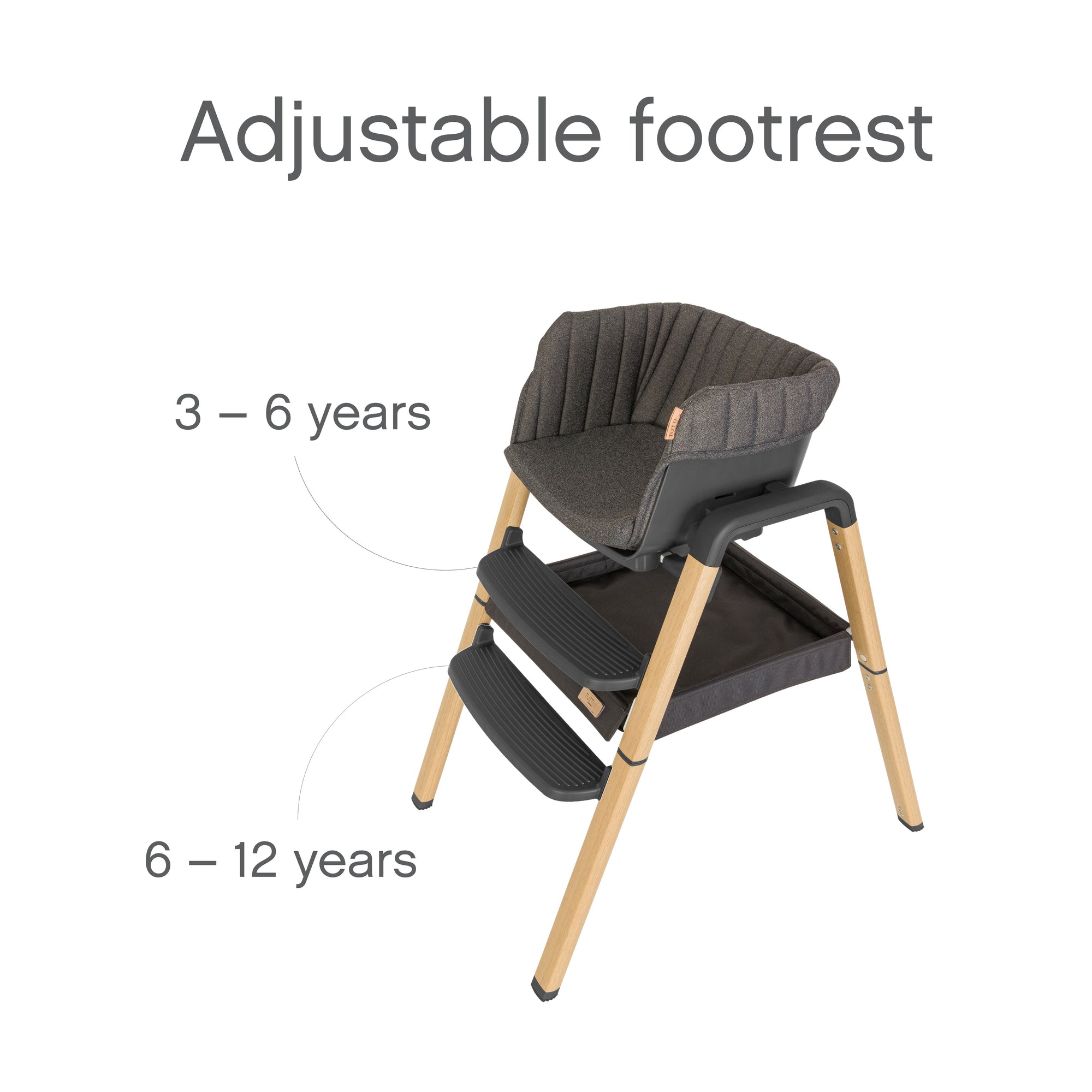 Side view of Nova Evolutionary Highchair in Grey/Oak highlighting the adjustable footrest with two height positions suitable for children aged 3–6 years and 6–12 years for ergonomic comfort.