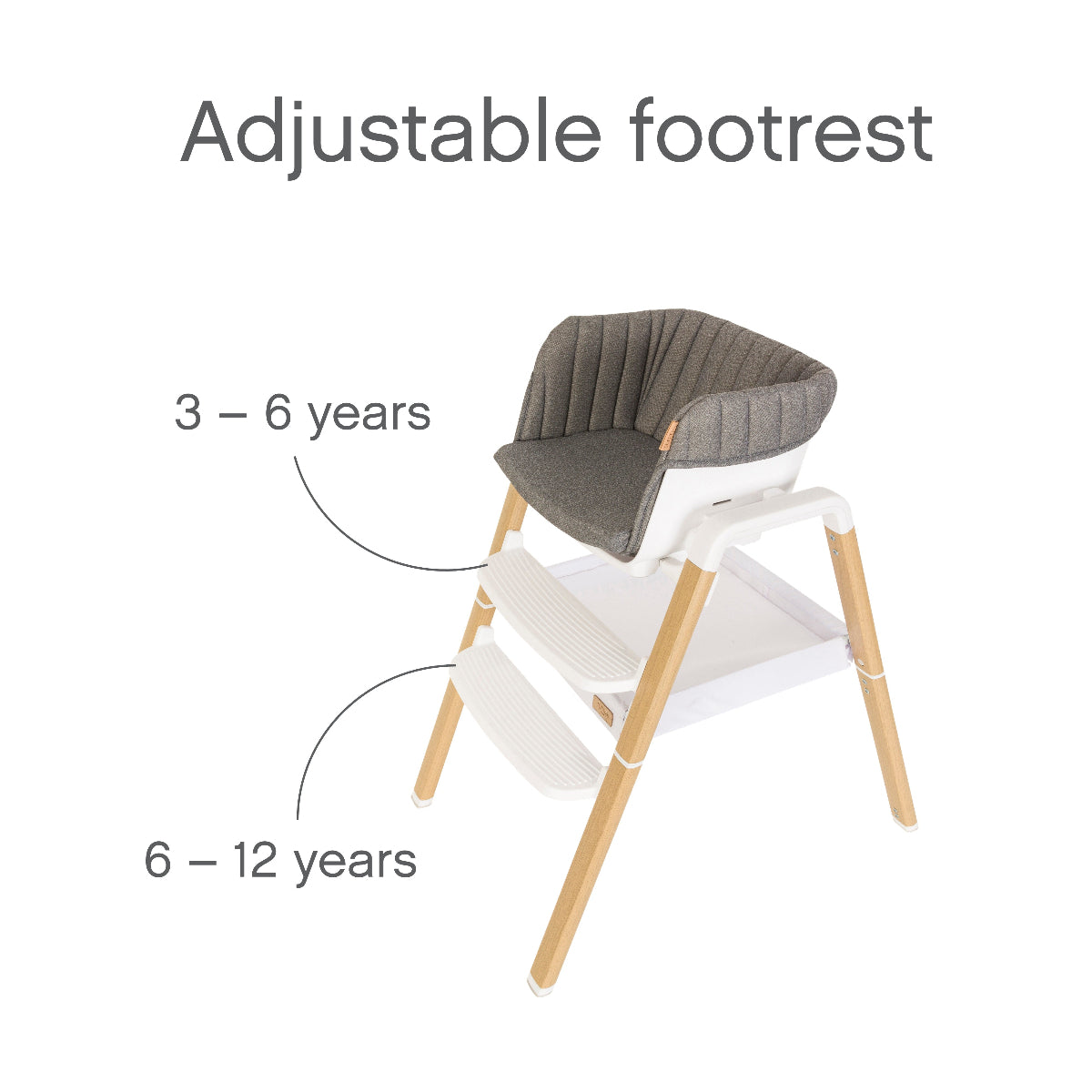 Side view of the Nova evolutionary highchair highlighting the adjustable footrest with two height positions suitable for children aged 3–6 years and 6–12 years for ergonomic comfort.