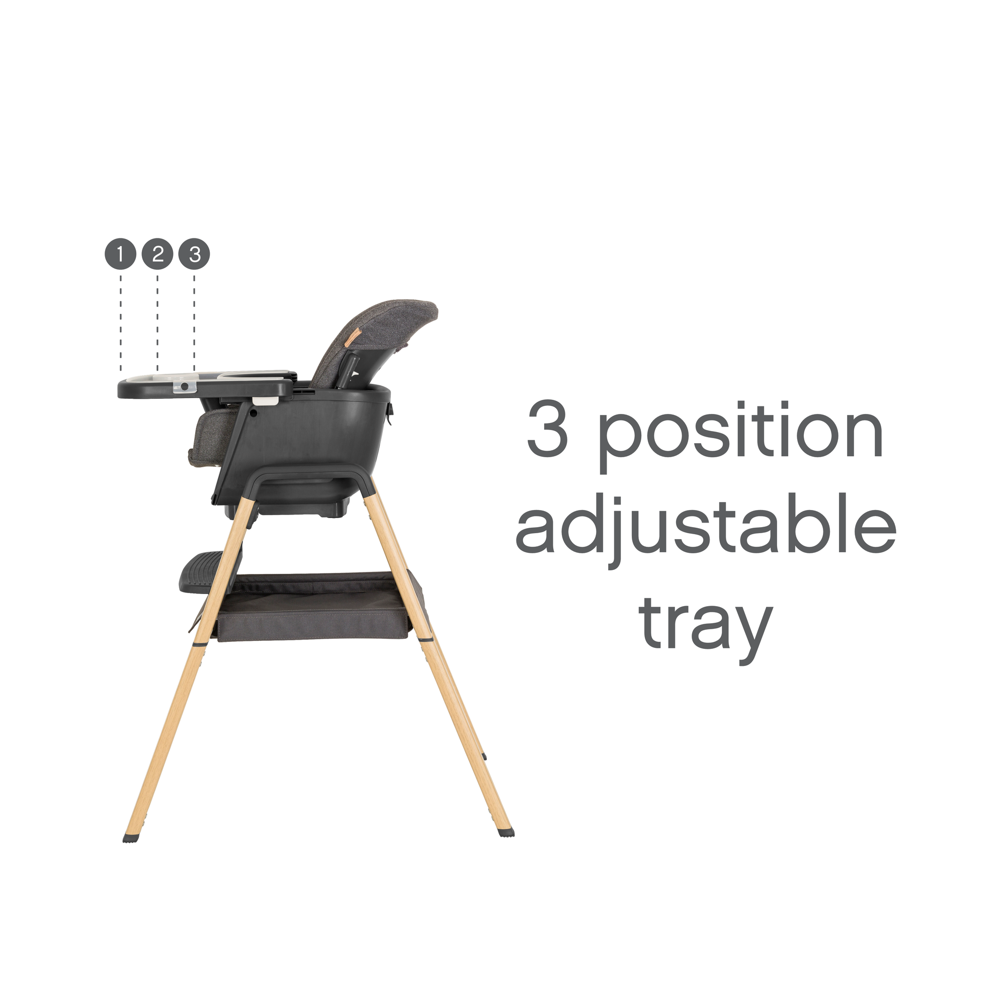 Side view of Nova Evolutionary Highchair in Grey/Oak featuring a 3-position adjustable tray for customised mealtime spacing.