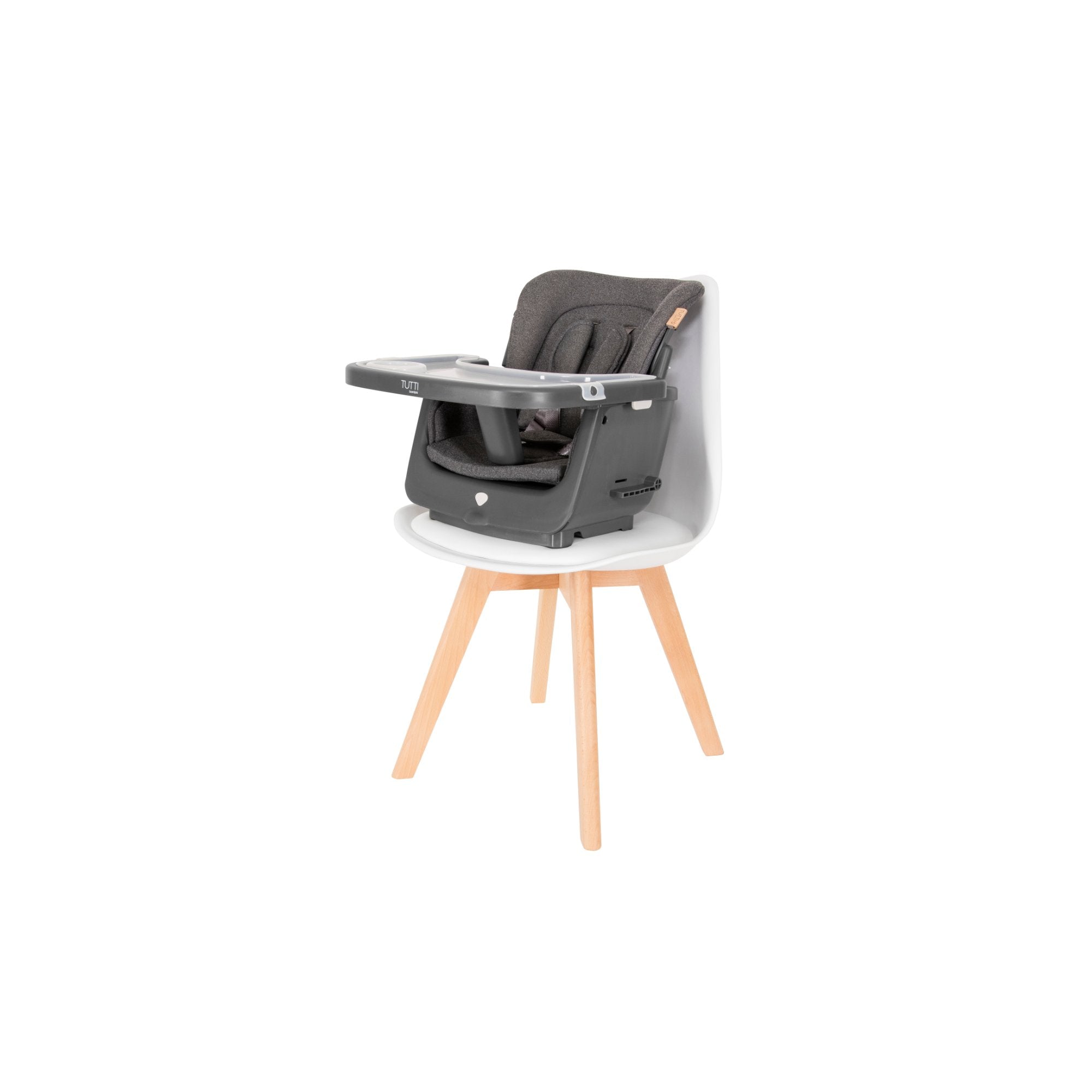 Nova Evolutionary Highchair in Grey and Oak used as a compact booster seat with secure harness and tray attachment for dining