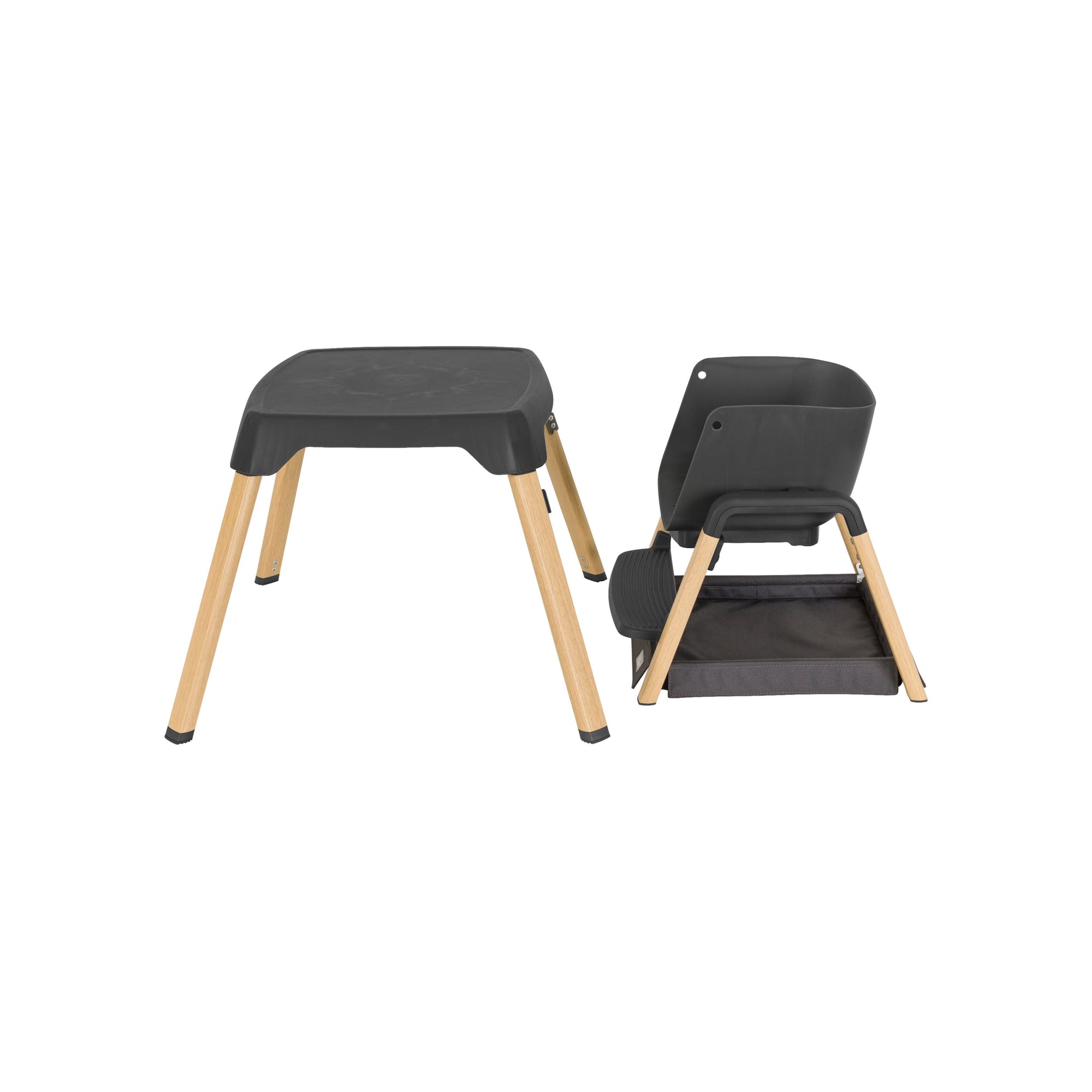 Nova Evolutionary Highchair in Grey and Oak paired with matching table for toddler playtime or meals