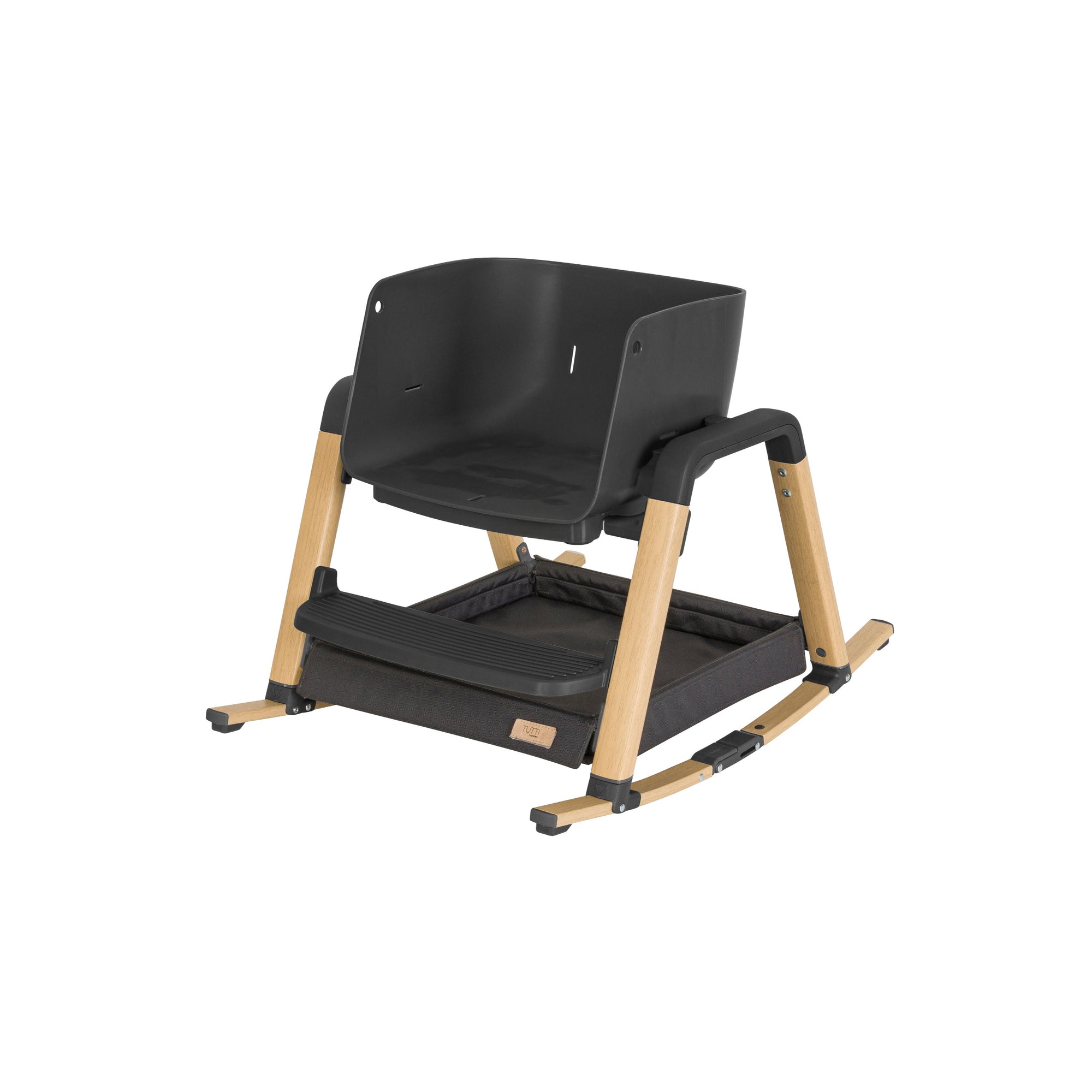 Nova Evolutionary Highchair in Grey and Oak converted into a soothing rocking chair with curved legs for gentle motion