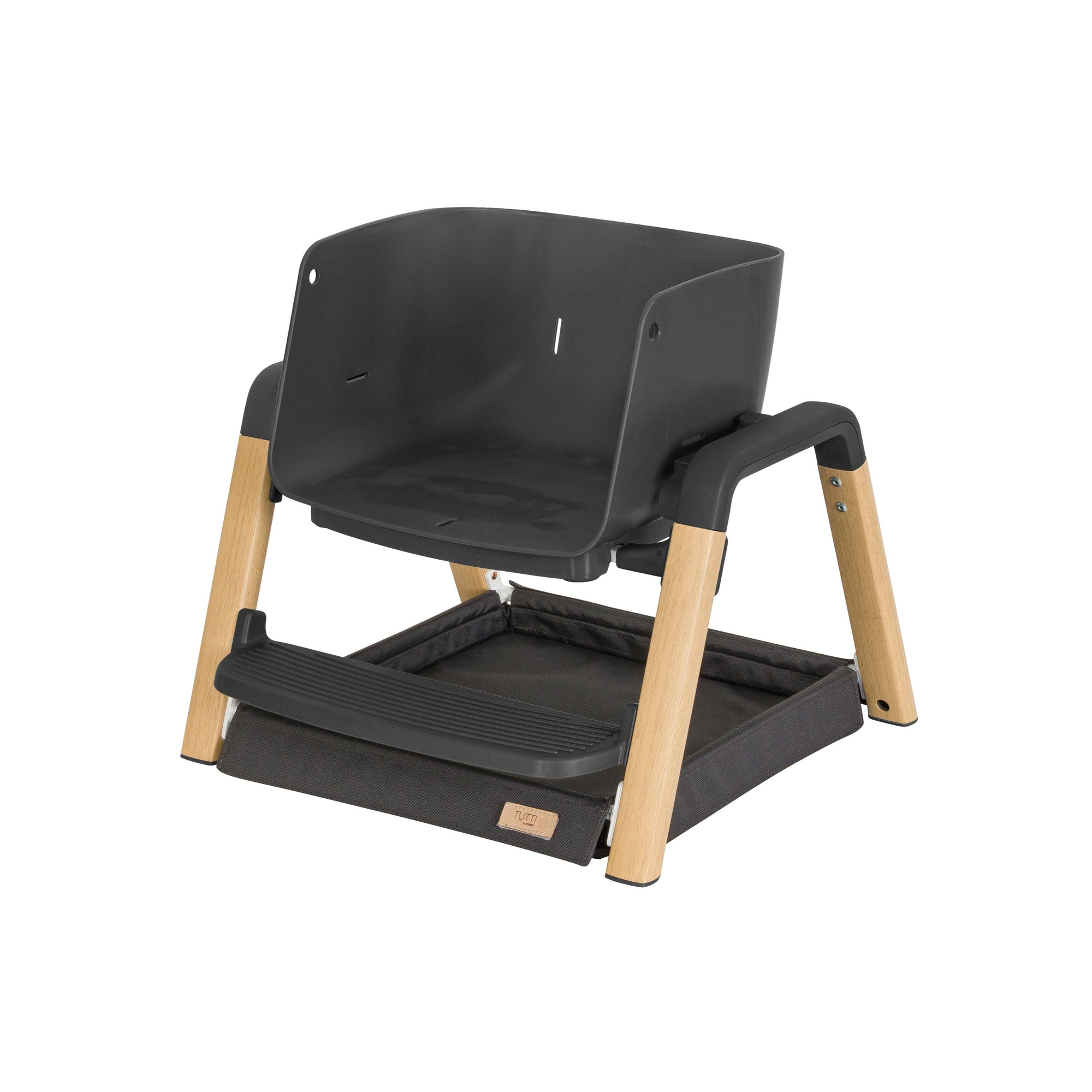Nova Evolutionary Highchair in Grey and Oak used as a toddler chair with supportive footrest and storage basket