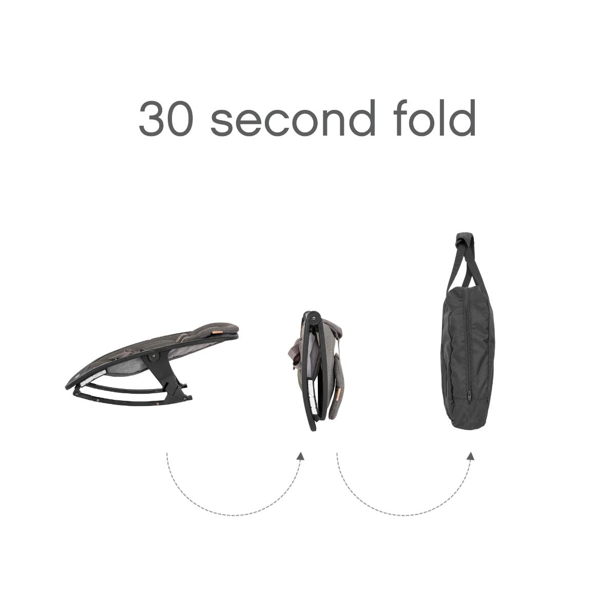 View of the Nova Rocker showing 30-second fold sequence, highlighting its compact foldability and ease of travel.