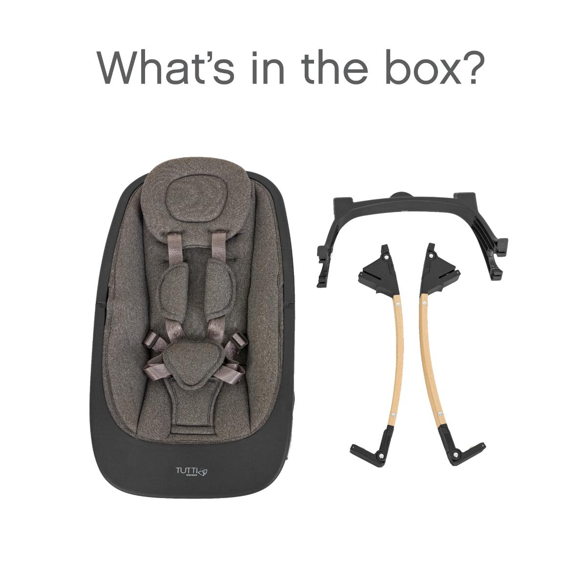 What’s in the box view of the Nova Rocker in Grey Oak with all parts included—seat, frame, and legs—showcasing its easy assembly design.