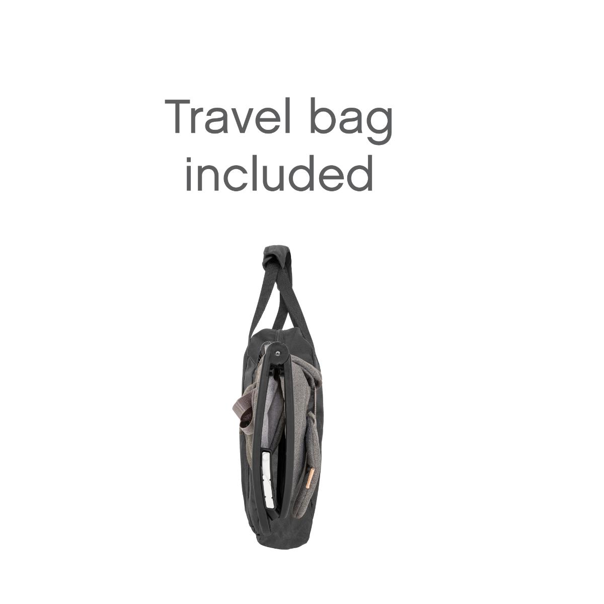 Side view of the Nova Rocker folded inside included travel bag, showcasing compact portability and travel-friendly functionality.