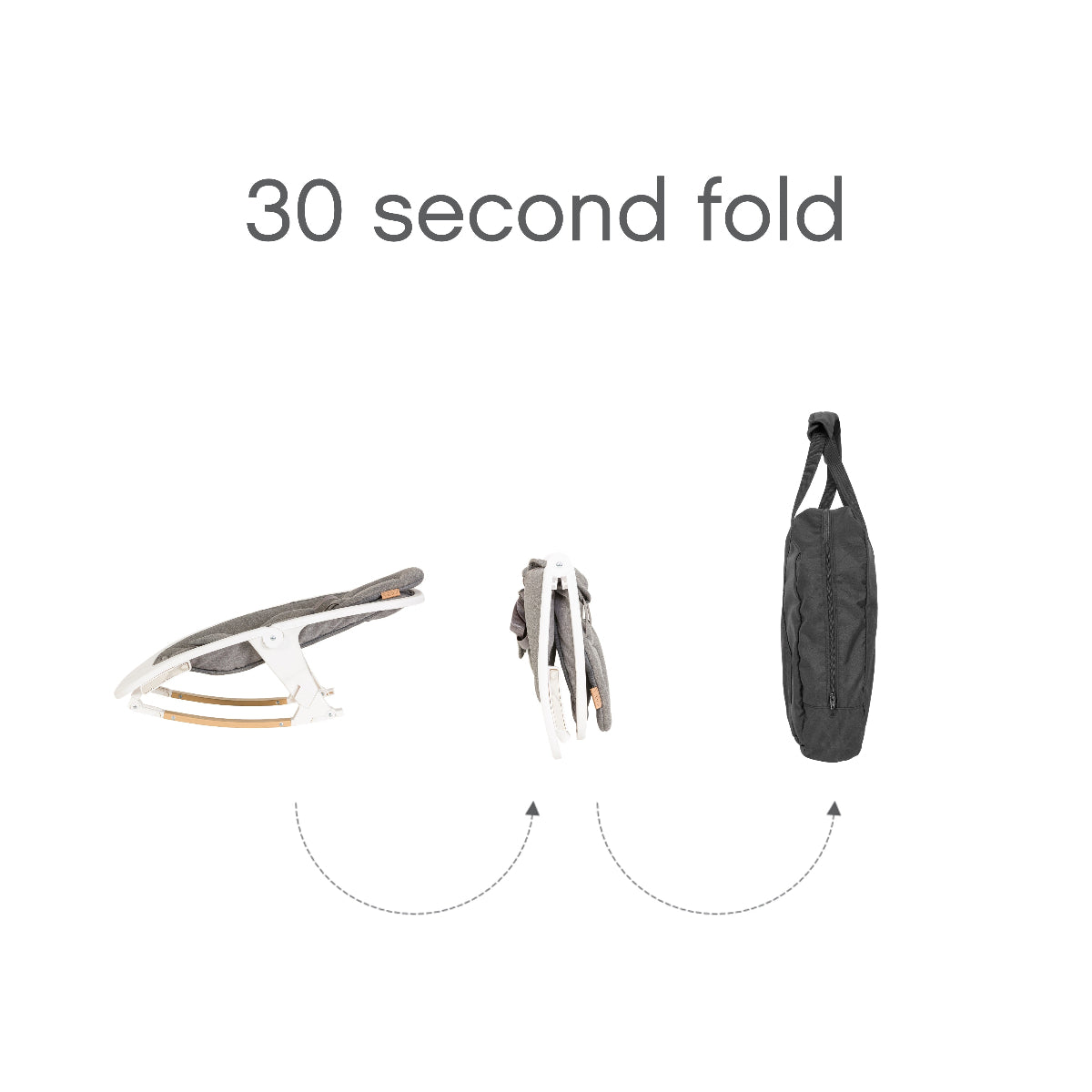 Nova Rocker white/oak model shown folding into compact travel bag in 30 seconds, demonstrating portability and convenience for travel.