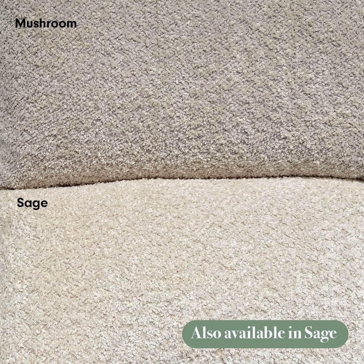 Fabric swatch comparison showing Oscar Luxe boucle fabric in Teddy Mushroom and Sage finishes, highlighting colour and texture contrast
