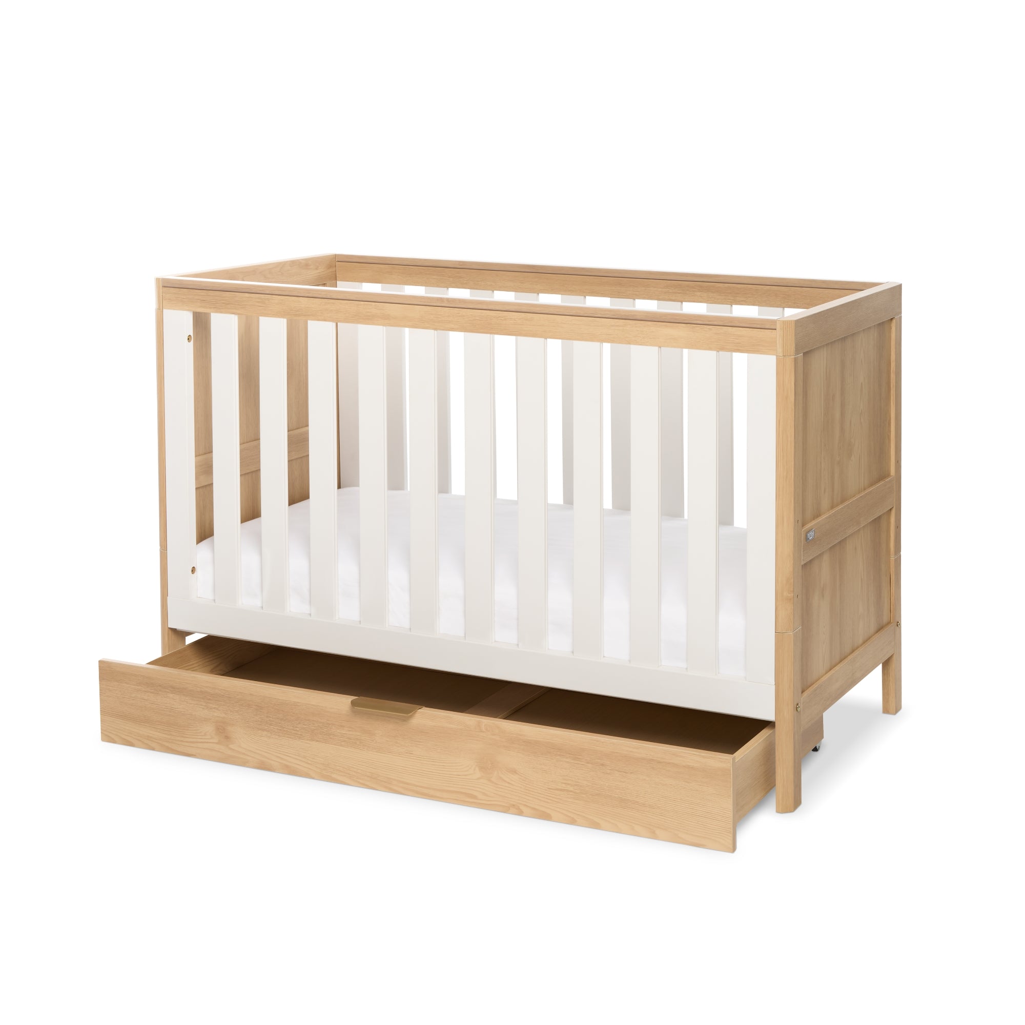 Riley Mini Cot Bed with Drawer - Maple Oak & White