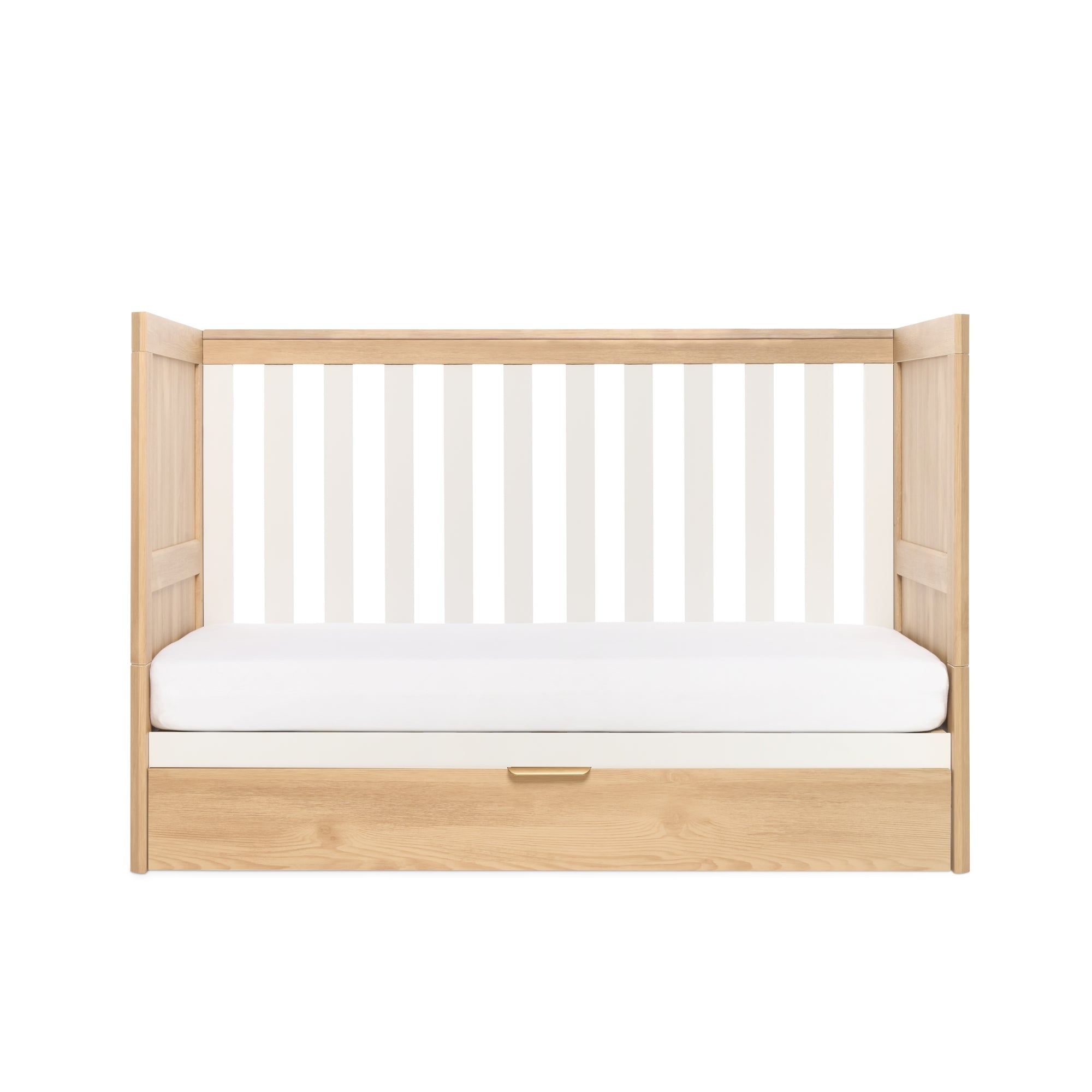 Riley Mini Cot Bed with Drawer - Maple Oak & White