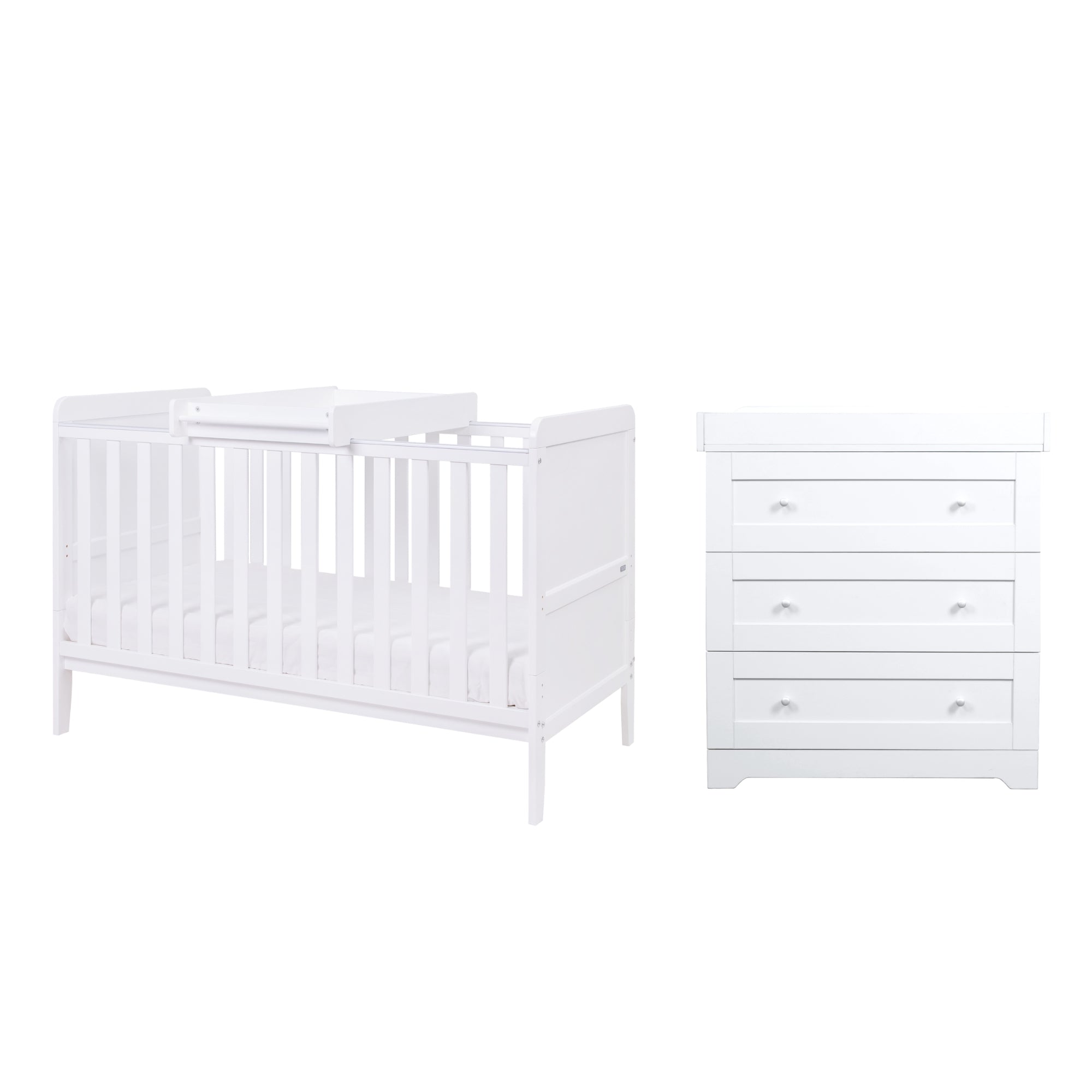 Front-facing view of the Rio 2-piece nursery set in White, featuring a cot bed with cot top changer and a chest changer with three drawers for organised baby storage.