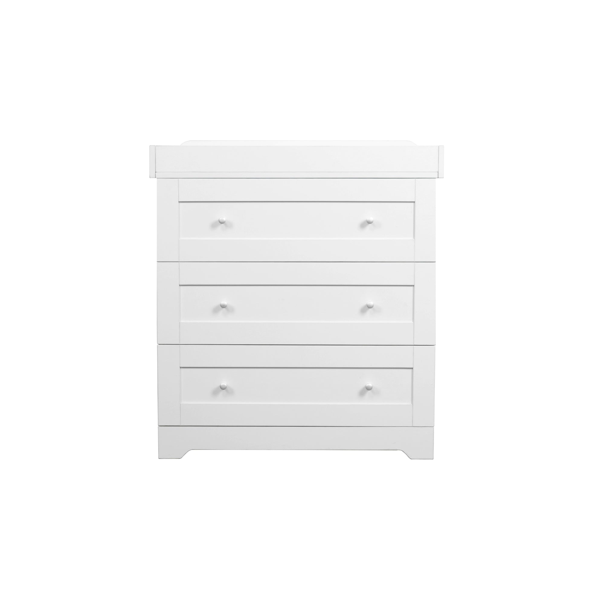 Front view of the Rio Chest Changer in white, featuring three spacious drawers and an integrated changing area for convenient nursery storage and baby care.
