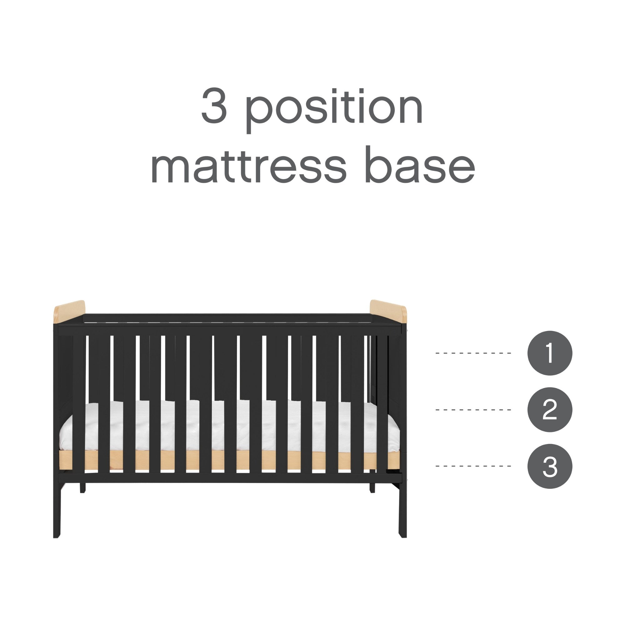 Rio Cot Bed in slate grey and honey oak with 3 adjustable mattress base heights to support safe sleep as baby grows.