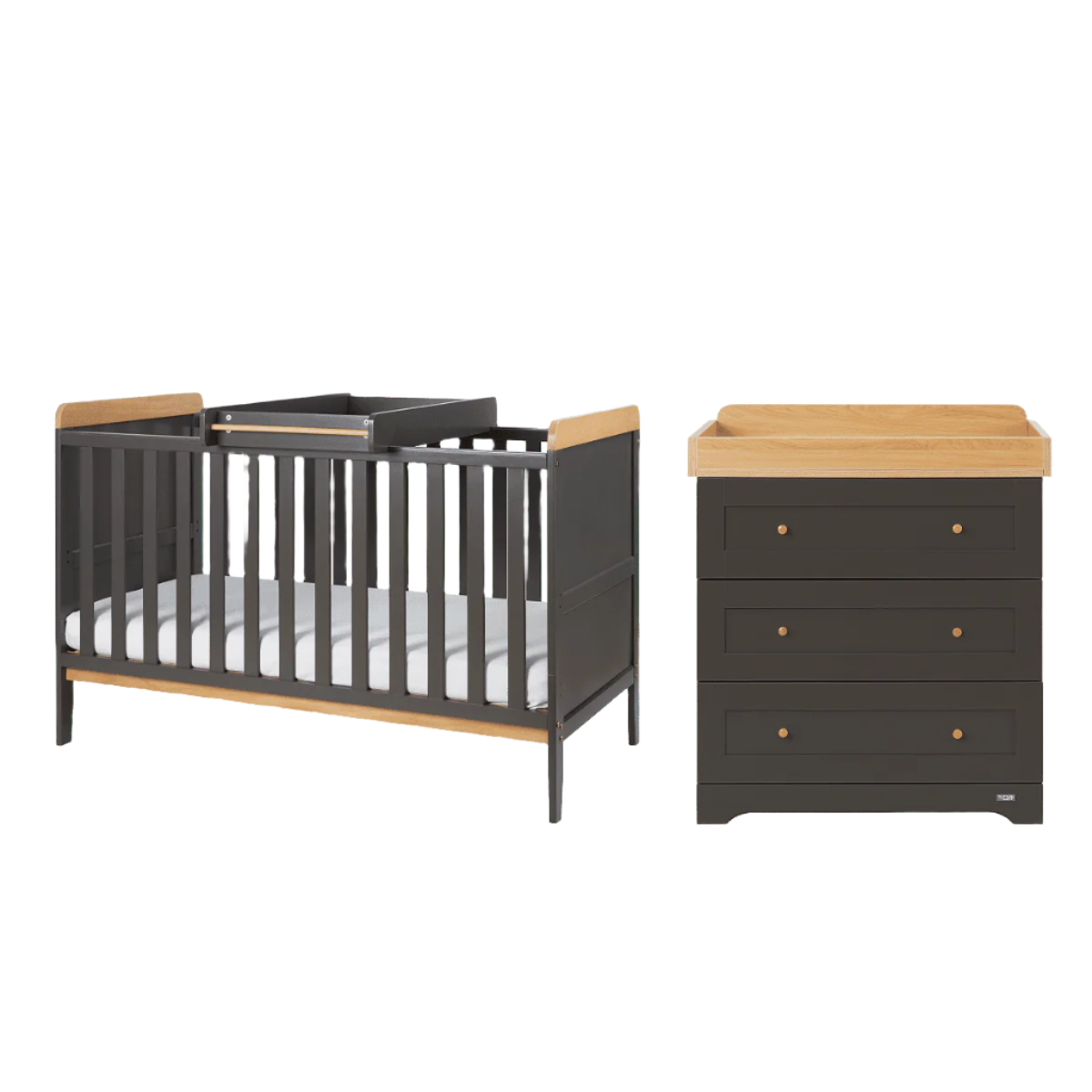 Rio Cot Bed with changing top in Slate Grey and Honey Oak, shown separately to display included changer accessory.
