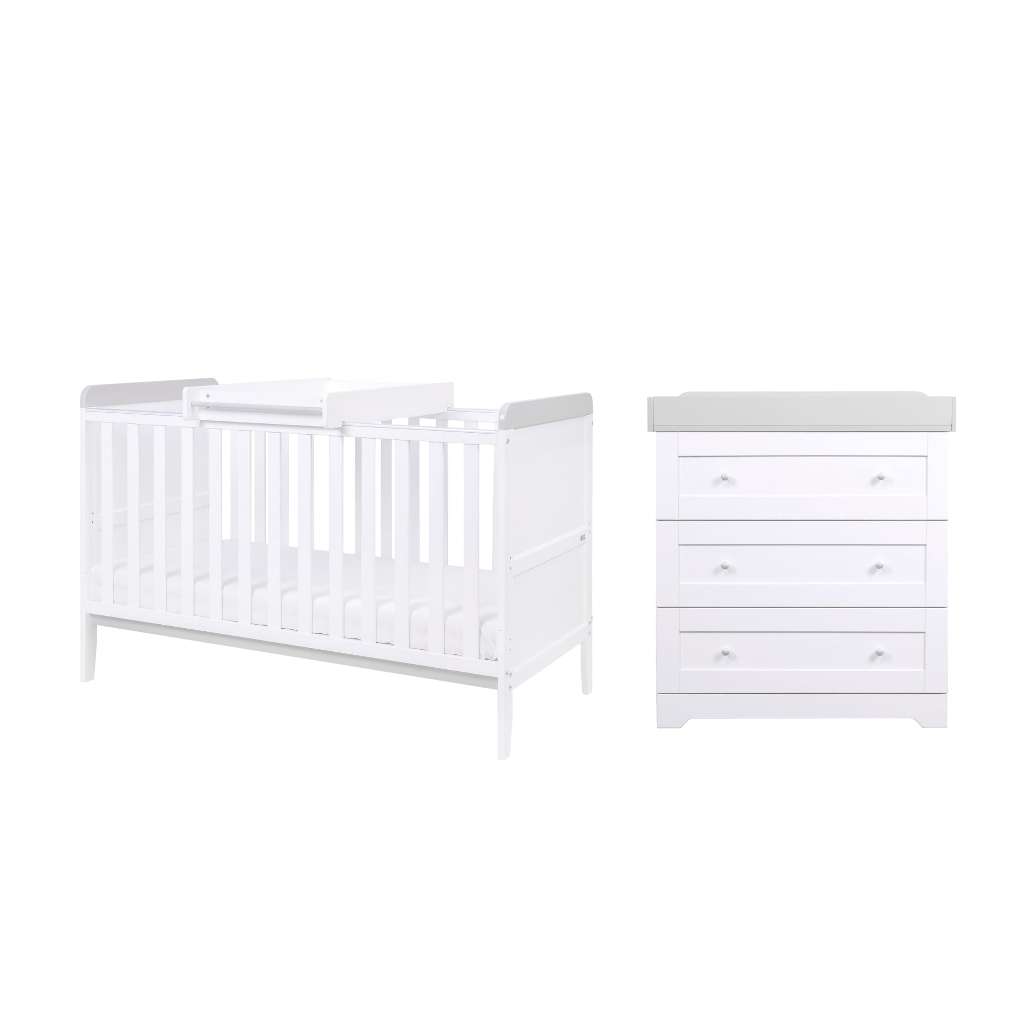 Cutout image of the Rio 2-piece nursery set in white and dove grey, including a cot bed with adjustable mattress base and a coordinating chest changer with integrated changing top.